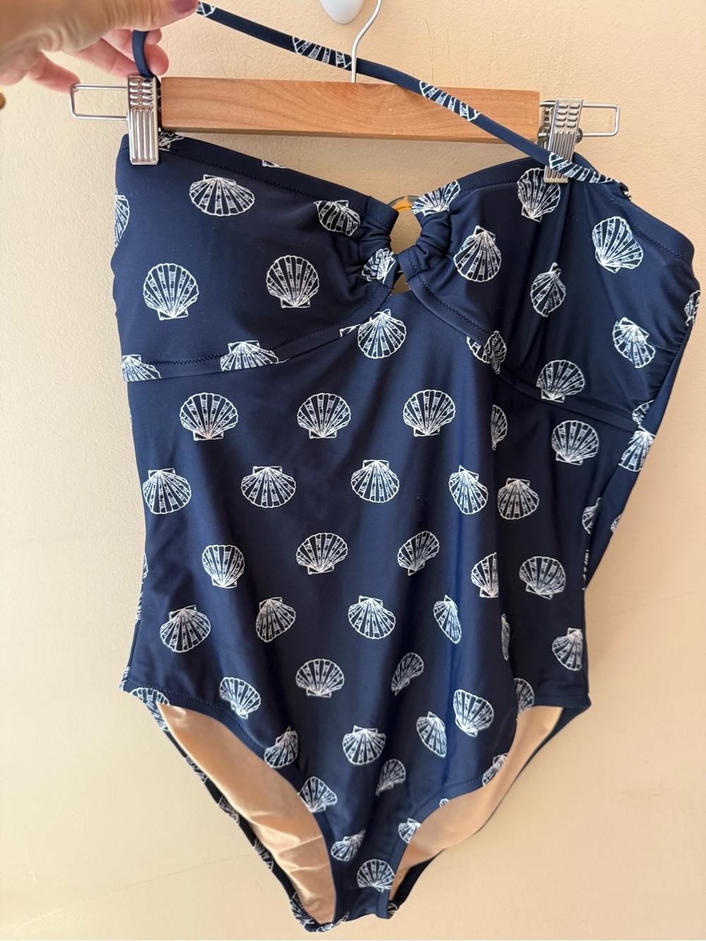 J.crew Seashell Tortoise Ring Bandeau One-Piece Swimsuit Navy White size XL